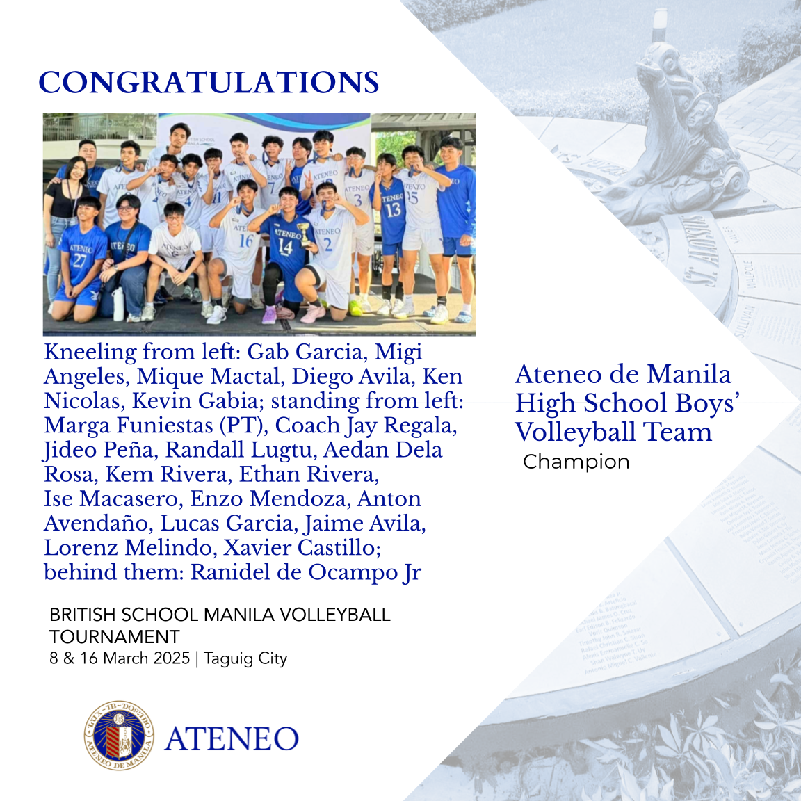 The Blue Eagles are U18 Champions of the BSM Volleyball Tournament 2025.