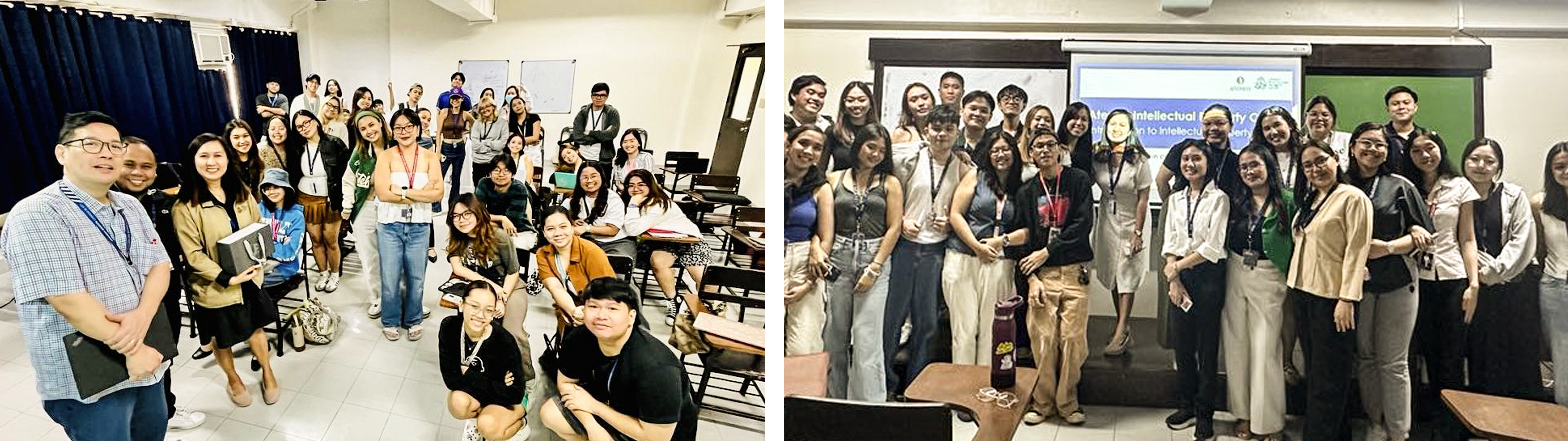 Image: Group photos from two in-class IP awareness sessions conducted by Ms Vanessa Malapit—left photo taken on March 22, 2025 and right photo on April 7, 2025.