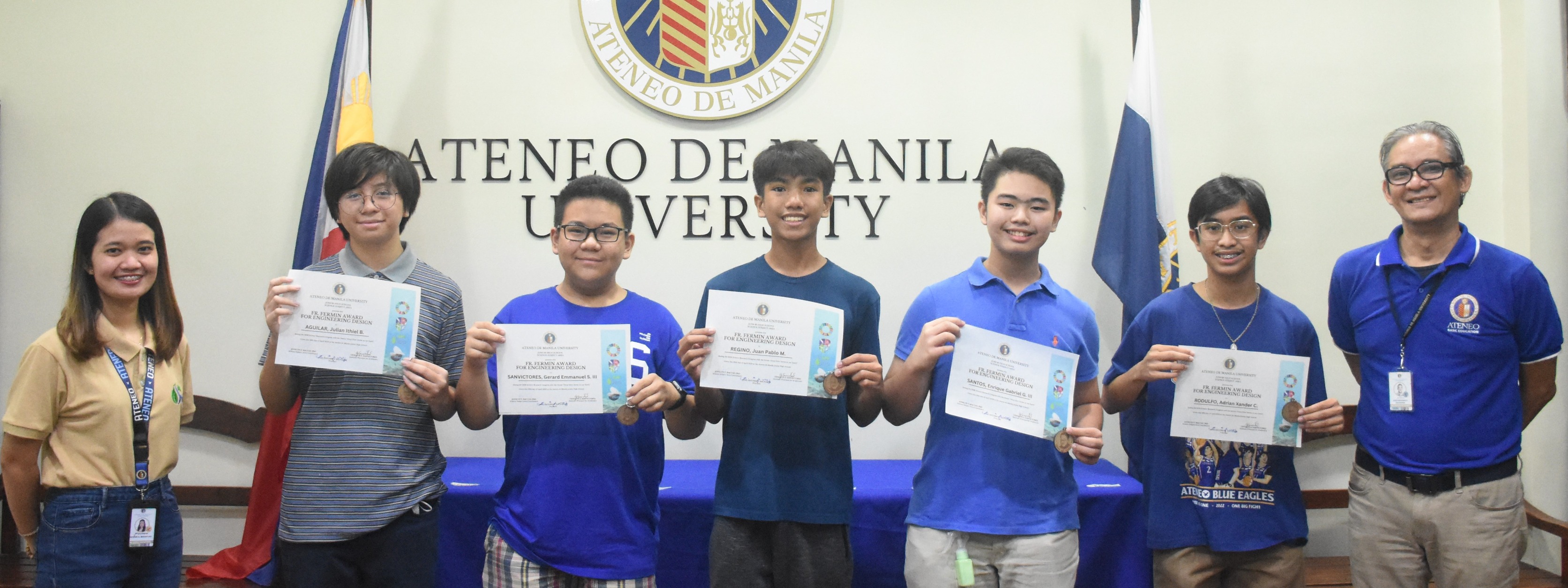 The Fr. Fermin awardees (from left): Winn Banatlao, Julian Aguilar, Nouie Sanvictores, Jay Regino, Gabby Santos, Adrian Rodulfo, Jonny Salvador