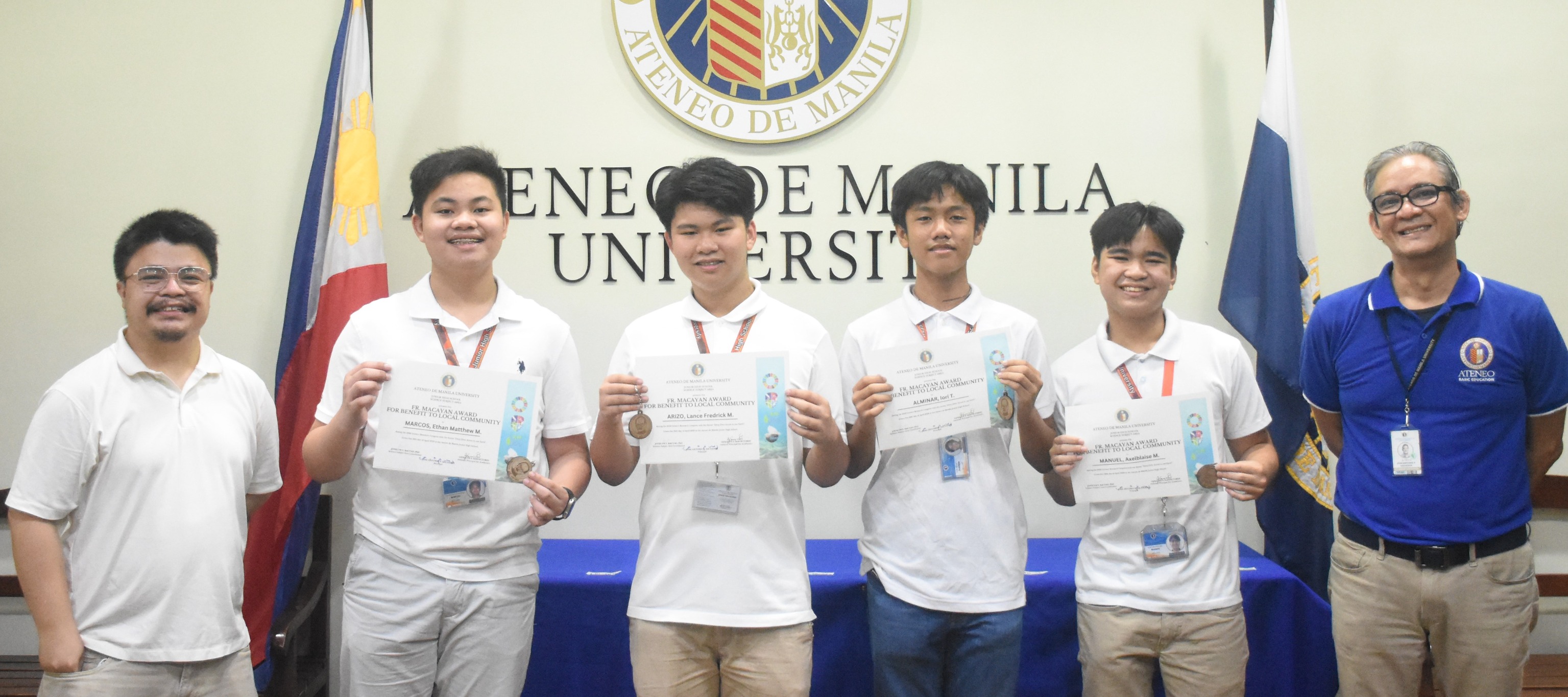 The Fr. Macayan awardees (from left): Lavi Subang, Matt Marcos, Lance Arizo, Iori Alminar, Axel Manuel, Jonny Salvador