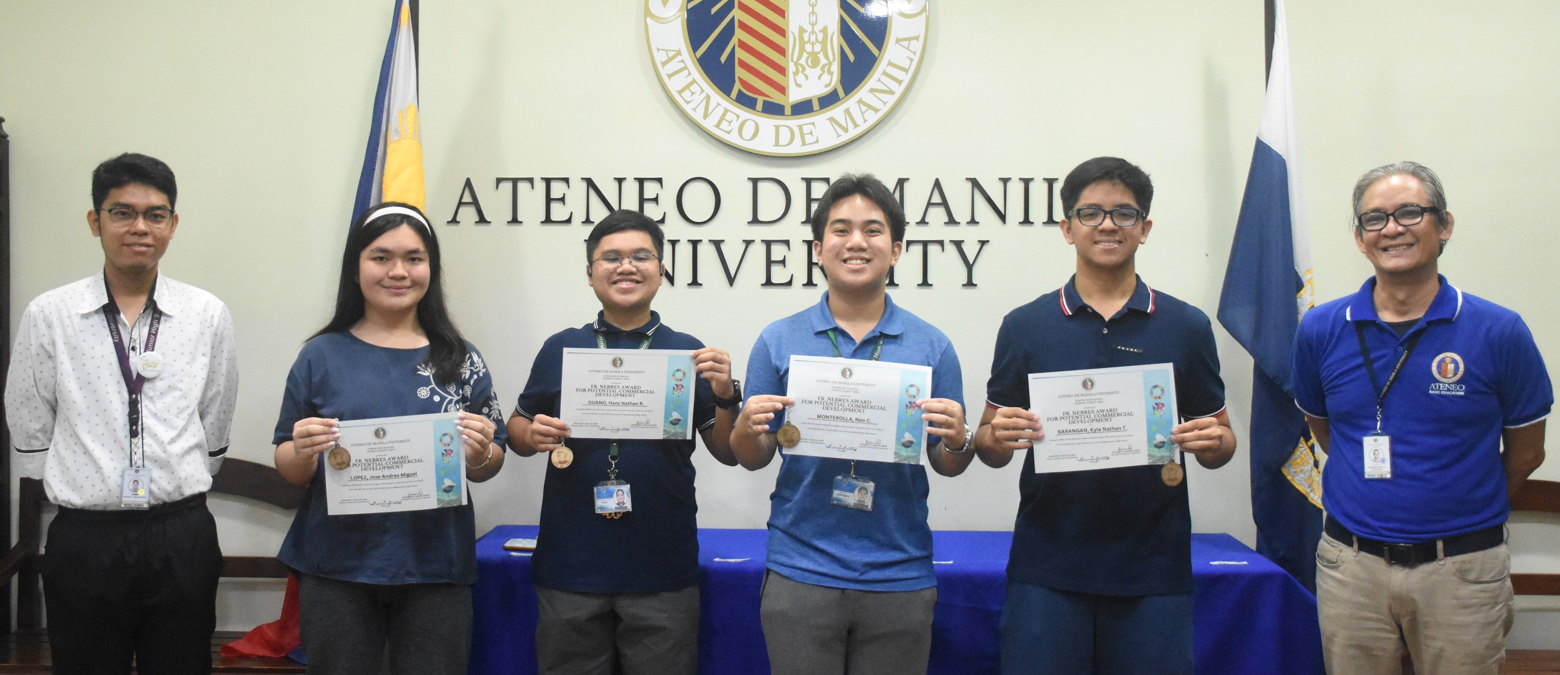 The Fr. Nebres awardees (from left): Noviel Natividad, Migi Lopez, Hanz Ouano, Neo Monterola, Kyle Barañgan, Jonny Salvador