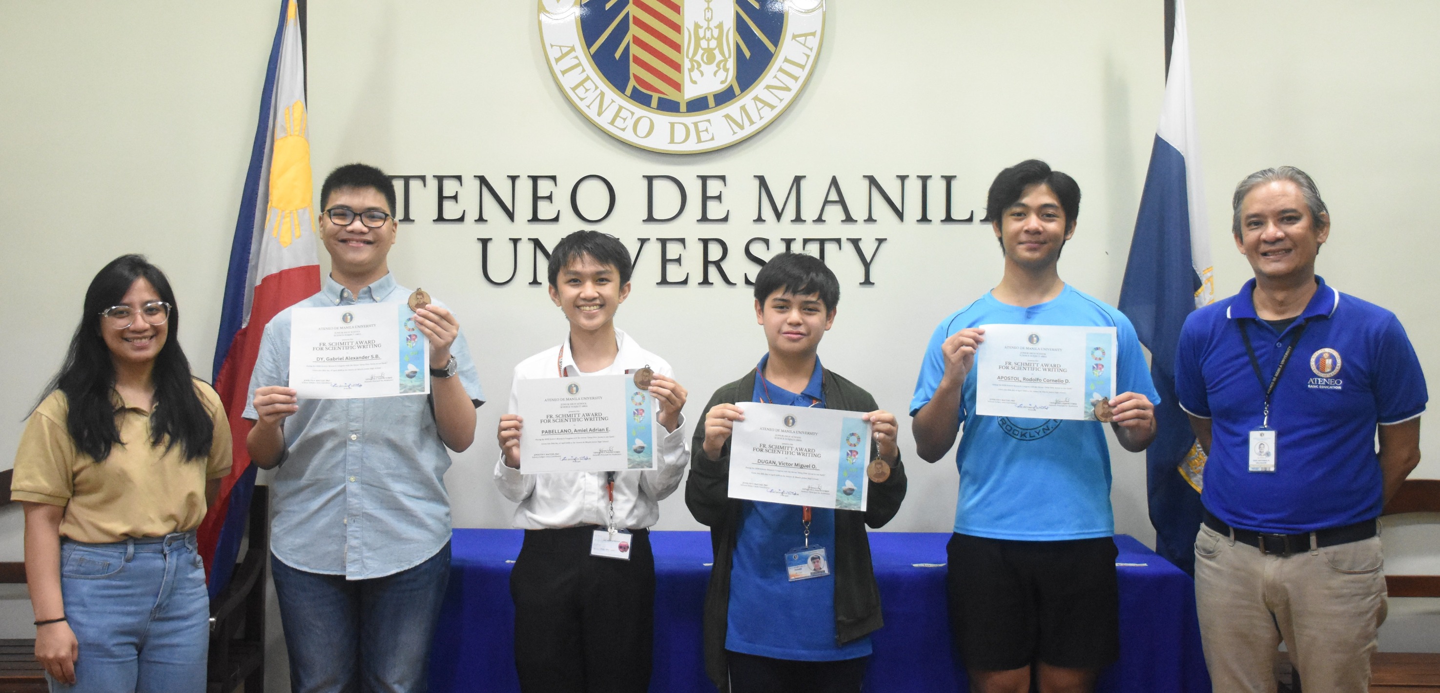 The Fr. Schmitt awardees (from left): Jam Dela Cruz, Gabby Dy, Adrian Pabellano, Miggy Dugan, RC Apostol, Jonny Salvador