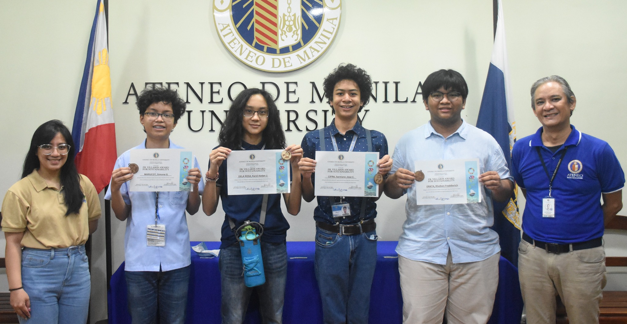 The Fr. Villarin awardees (from left): Jam Dela Cruz, Simone Marucot, Aedan Dela Rosa, Santi Cifra, Ken Orata, Jonny Salvador