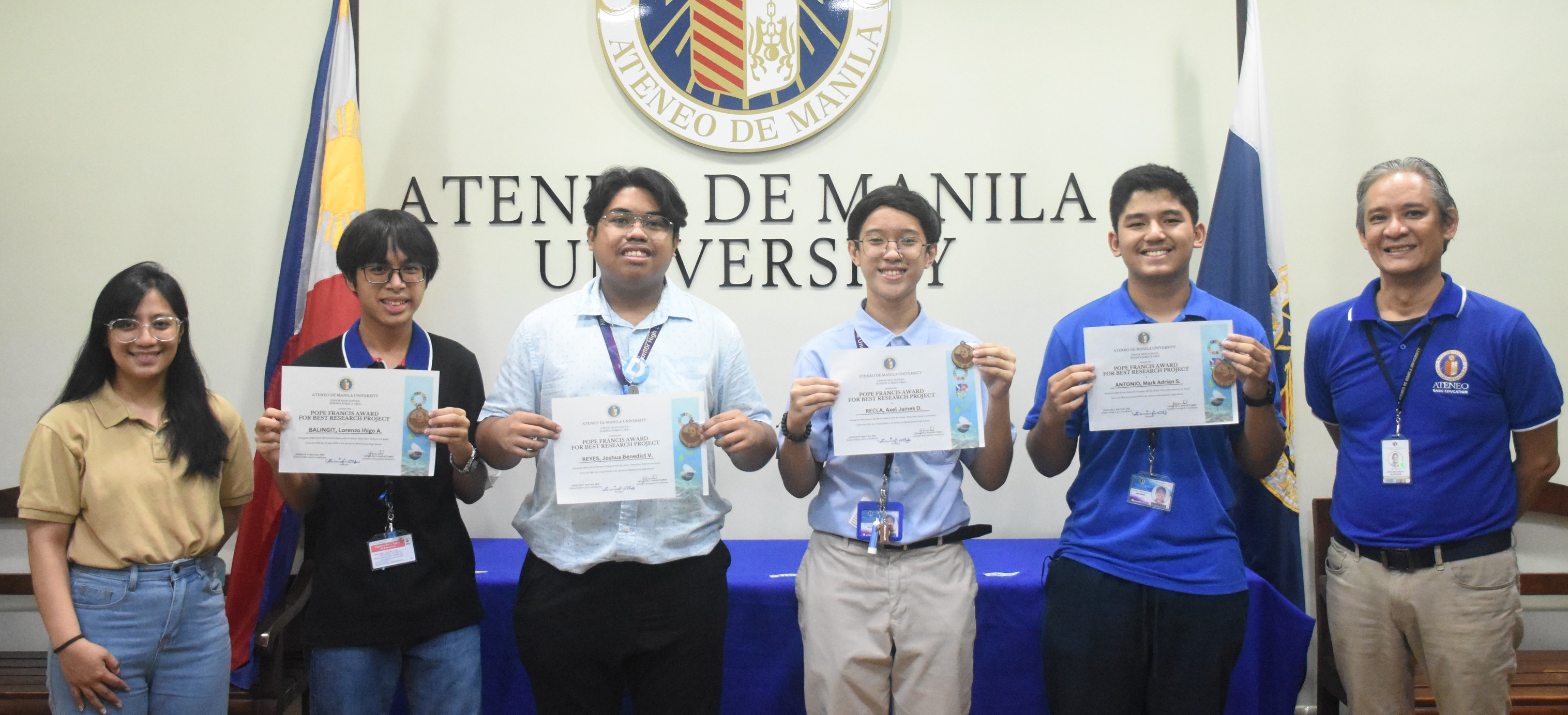 The Pope Francis awardees (from left): Jam Dela Cruz, Enzo Balingit, Josh Reyes, Axel Recla, Adrian Antonio, Jonny Salvador