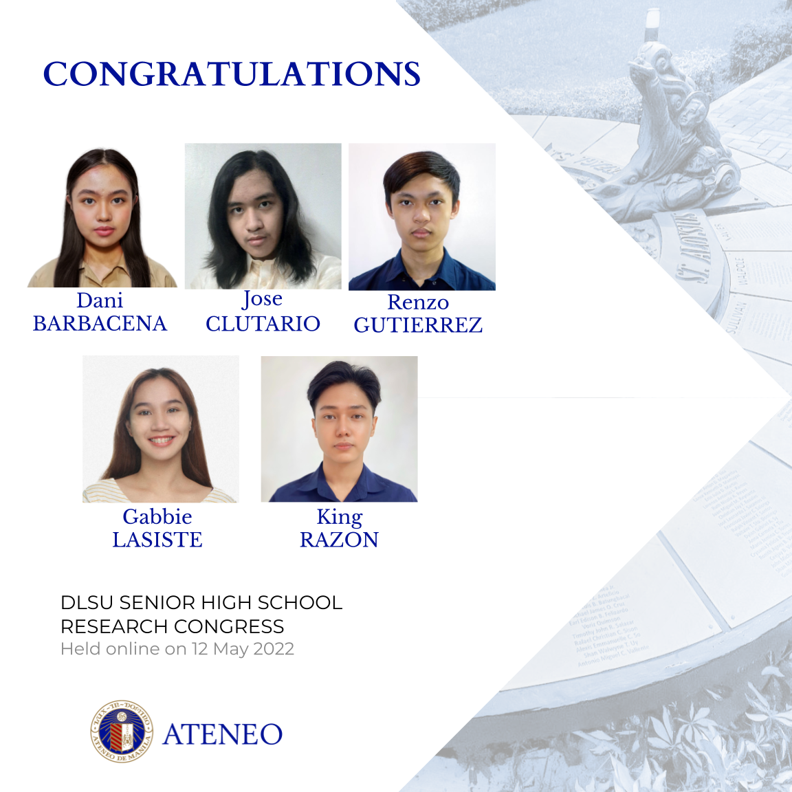 Dani Barbacena, Jose Clutario, Renzo Gutierrez, Gabbie Lasiste, and King Razon of ABM/11-Bellarmino