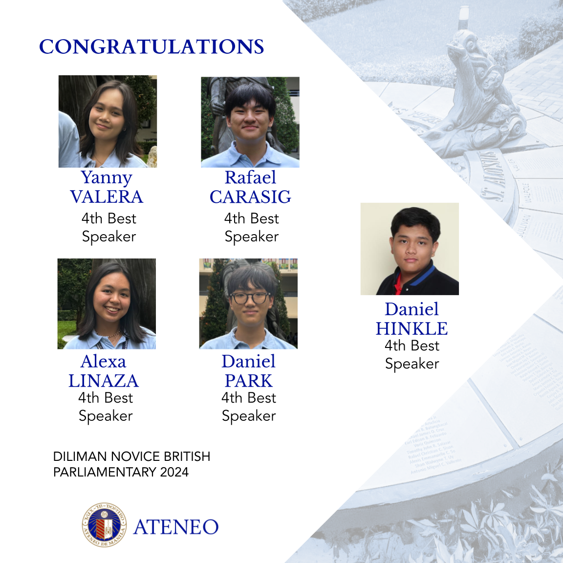 Yanny Valera, Rafael Carasig, Daniel Park, Daniel Hinkle, and Alexa Linaza are all 4th Best Speaker awardees