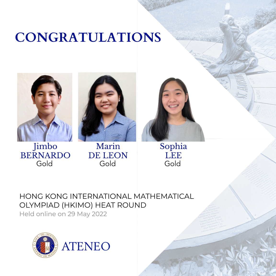 HKIMO PH round gold awardees Jimbo Bernardo, Marin De Leon, Sophia Lee