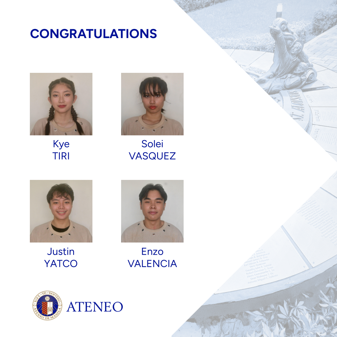 Kye Tiri (12-Navarro),  Solei Vasquez(11-Moscoso),  Justin Yatco (11-San Vitores),  Enzo Valencia (12-Miki).