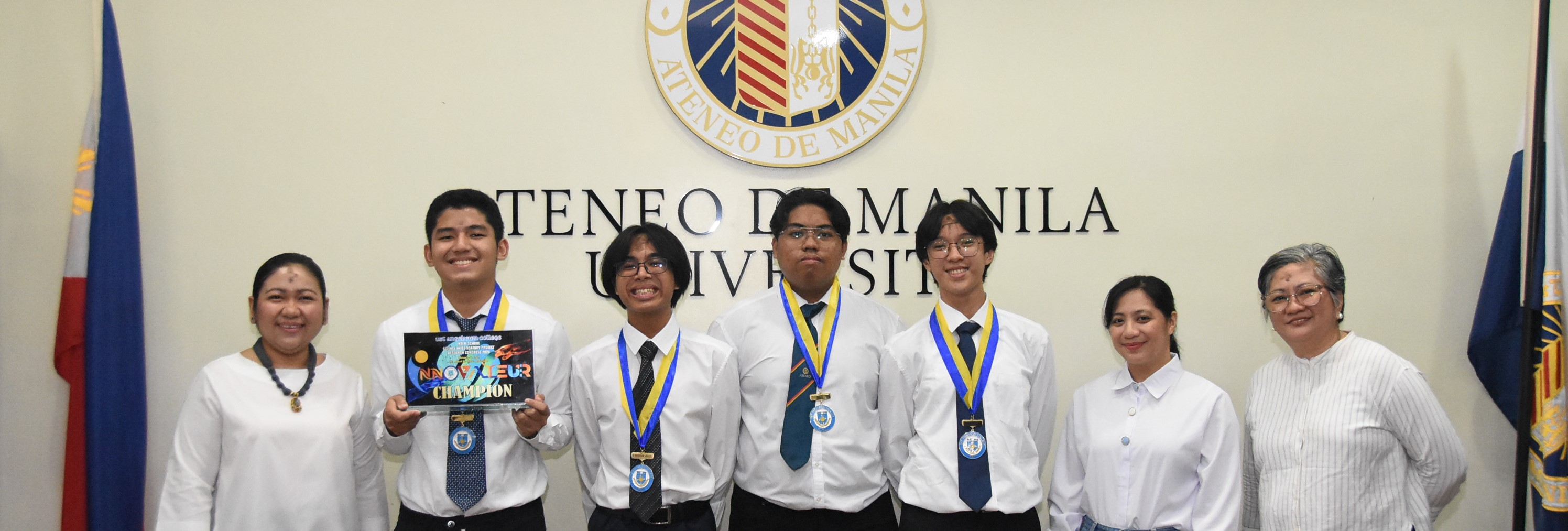 From left: Gen Sanvictores (Principal), Adrian Antonio, Enzo Balingit, Josh Reyes, Axel Recla, Jam Dela Cruz (coach), Malou Antonio (Asst Principal for Academics) 