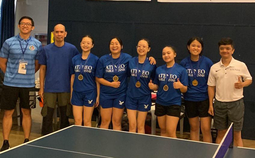 From left: Xavier Nuvali official, coach Leo Raymundo, Frances Lo, Aoi Reyes, Maxine Lo, Princess Jaramilla, Anica Begonia, coach Mihali Crisostomo