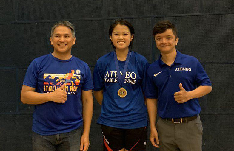 From left: Fr. Philip Yohan Jr. SJ (Xavier School San Juan & Nuvali), Anica Begonia, coach Mihali Crisostomo 
