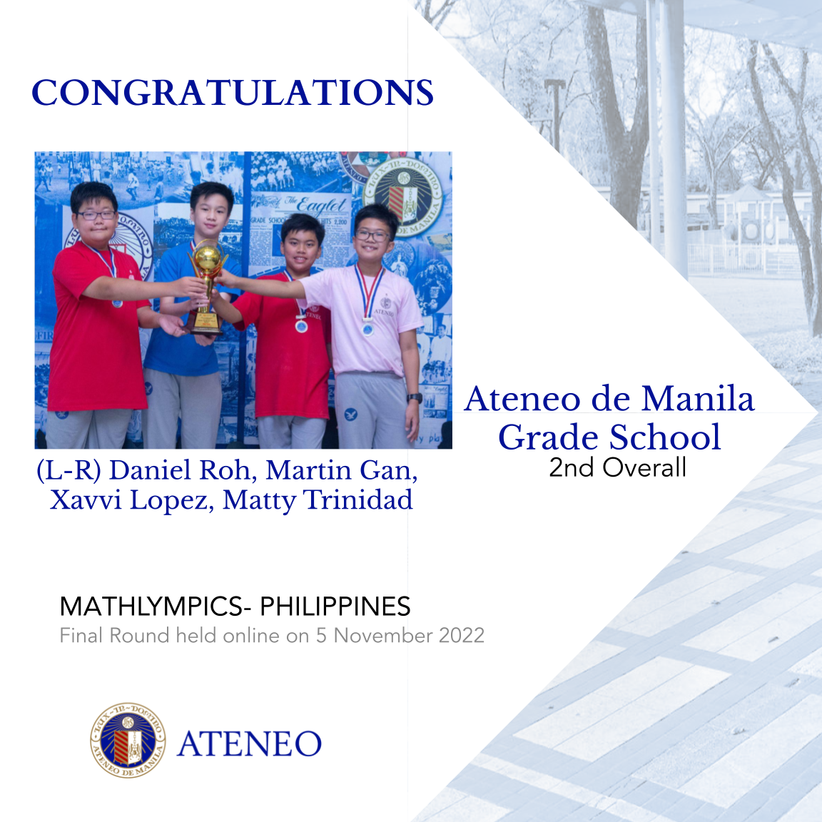 Ateneo de Manila Grade School placed 2nd overall in Mathlympics-PH.