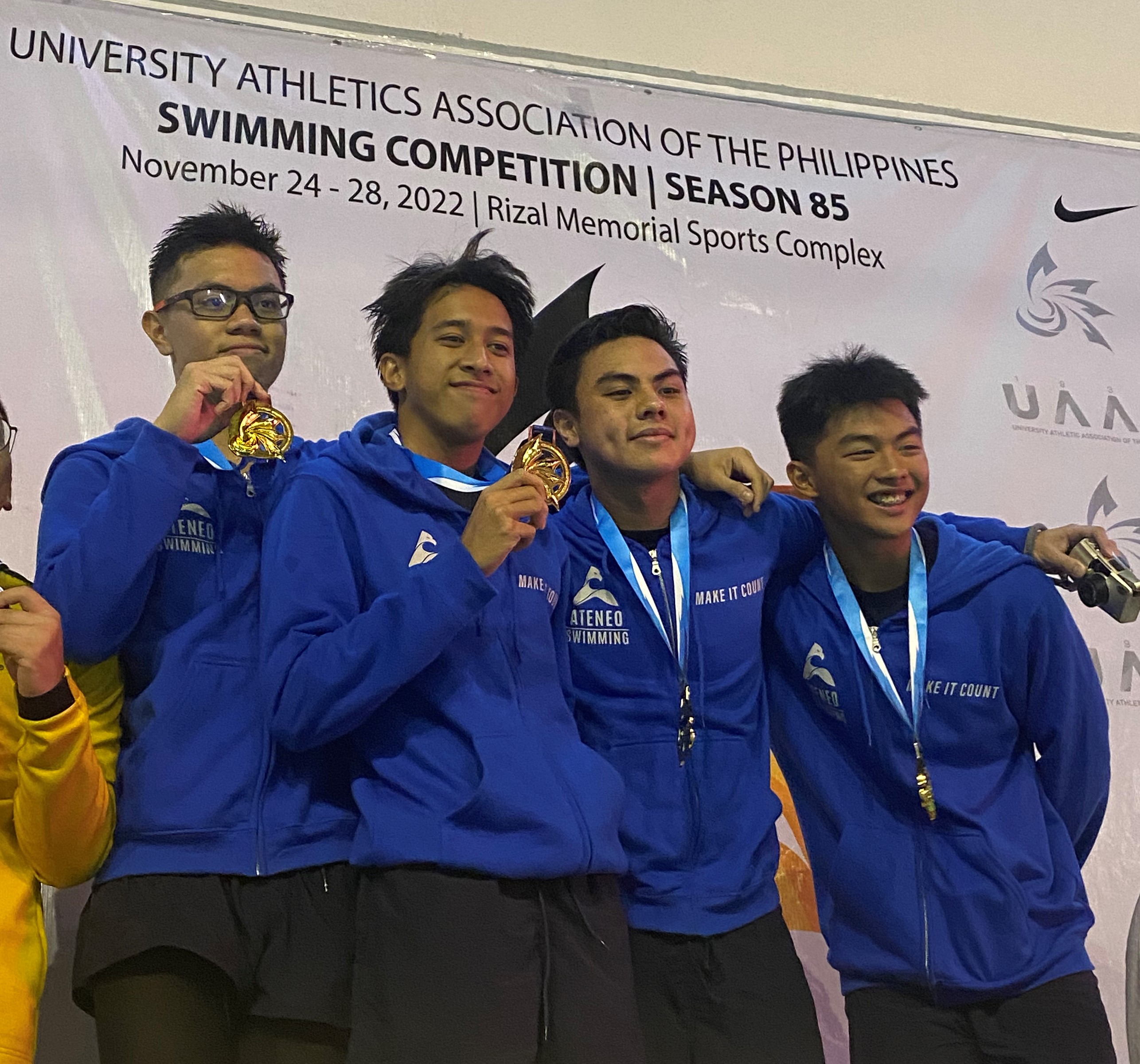4x50m freestyle relay gold medalists (from left) Thirdy Lentejas, Ilo Tondo, Elijah Pobre, Miguel Martinez