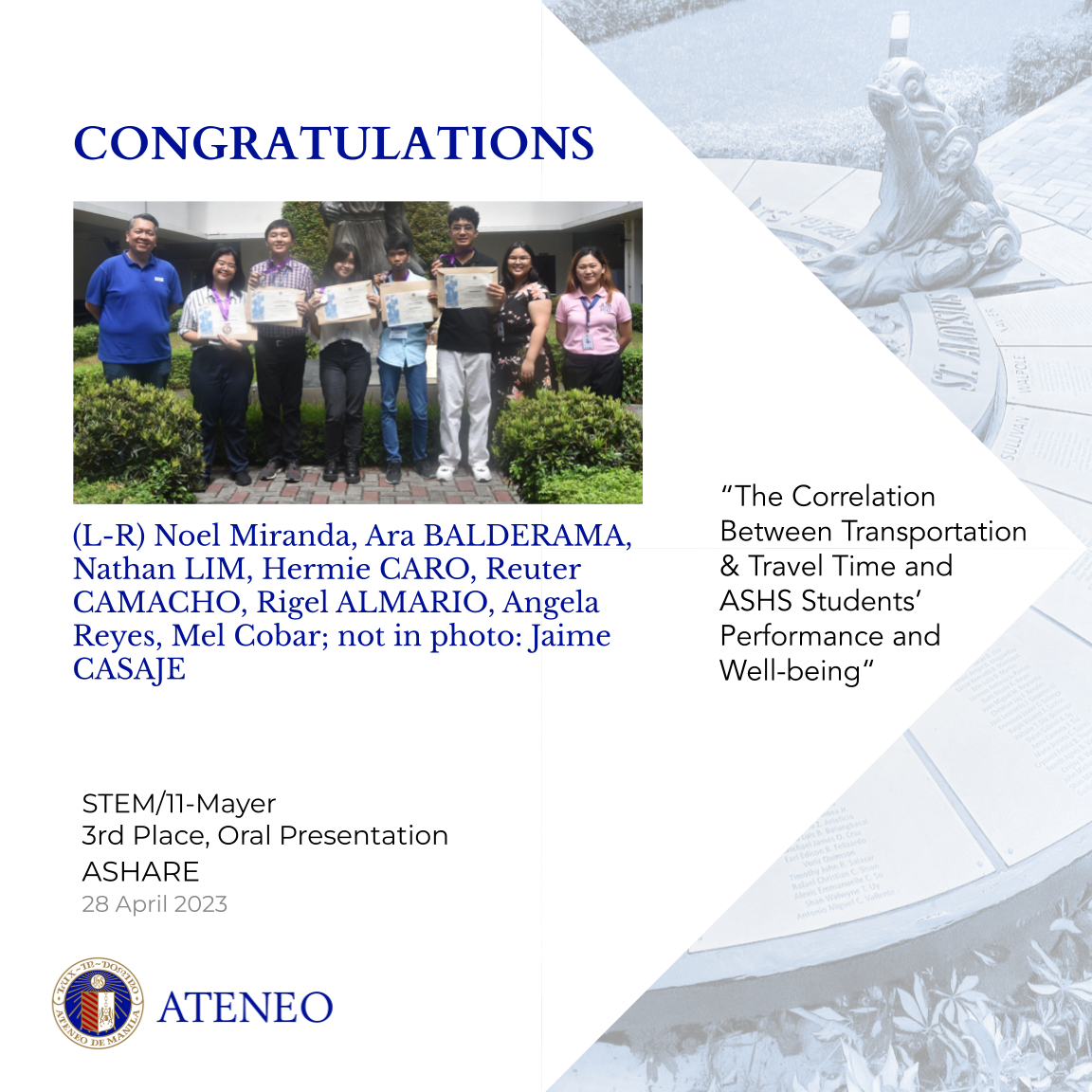 "The Correlation Between Transportation & Travel Time and ASHS Students' Performance and Well-being" by Almario, Balderama, Caro, Casaje, Camacho, and Lim