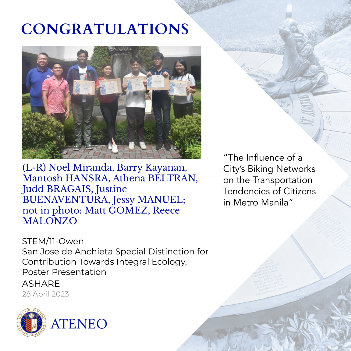 "The Influence of a City’s Biking Networks on the Transportation Tendencies of Citizens in Metro Manila" by Beltran, Bragais, Buenaventura, Gomez, Hansra, Malonzo, and Manuel