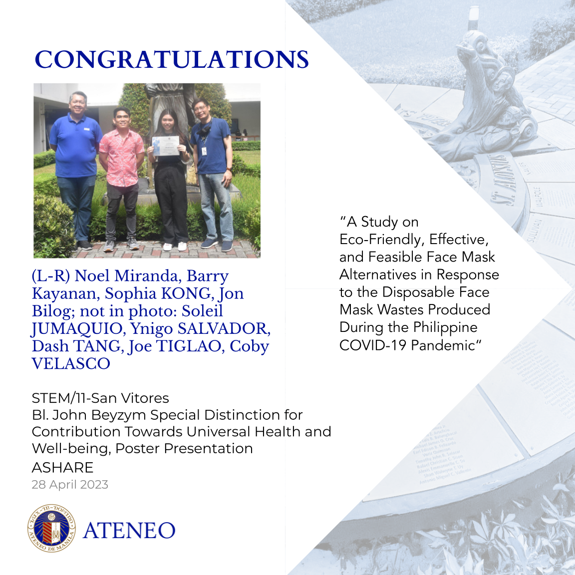 "A Study on Eco-friendly, Effective, and Feasible Face Mask Alternatives in Response to the Disposable Face Mask Wastes Produced During the Philippine COVID-19 Pandemic" by Jumaquio, Kong, Salvador, Tang, Tiglao, and Velasco