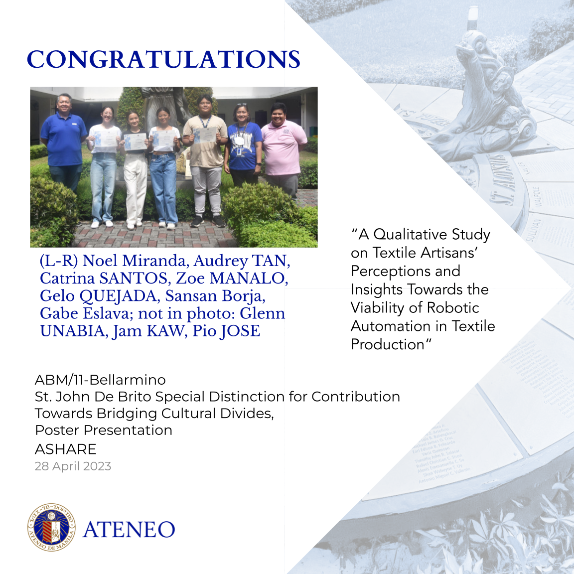 "A Qualitative Study on Textile Artisans’ Perceptions and Insights Towards the Viability of Robotic Automation in Textile Production" by Jose, Kaw, Manalo, Quejada, Santos, Tan, and Unabia