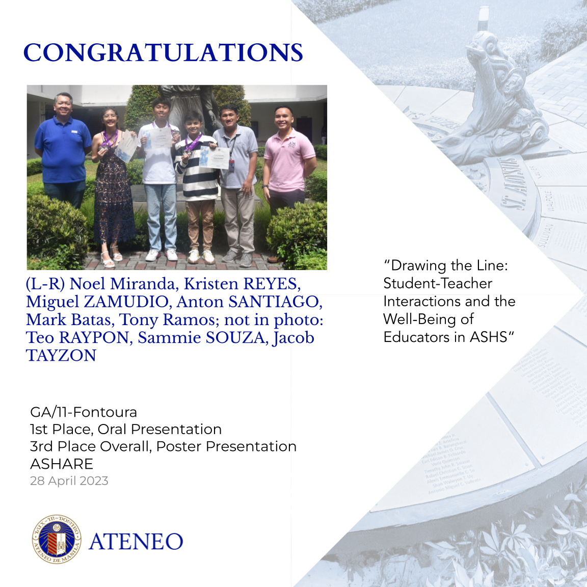 4)	"Drawing The Line: Student-Teacher Interactions and The Well-Being of Educators in ASHS" by Raypon, Reyes, Santiago, Souza, Tayzon, and Zamudio