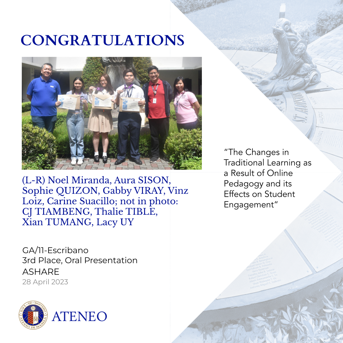 "The Changes in Traditional Learning as a Result of Online Pedagogy and Its Effects on Student Engagement" by Quizon, Sison, Tiambeng, Tible, Tumang, Uy, and Viray
