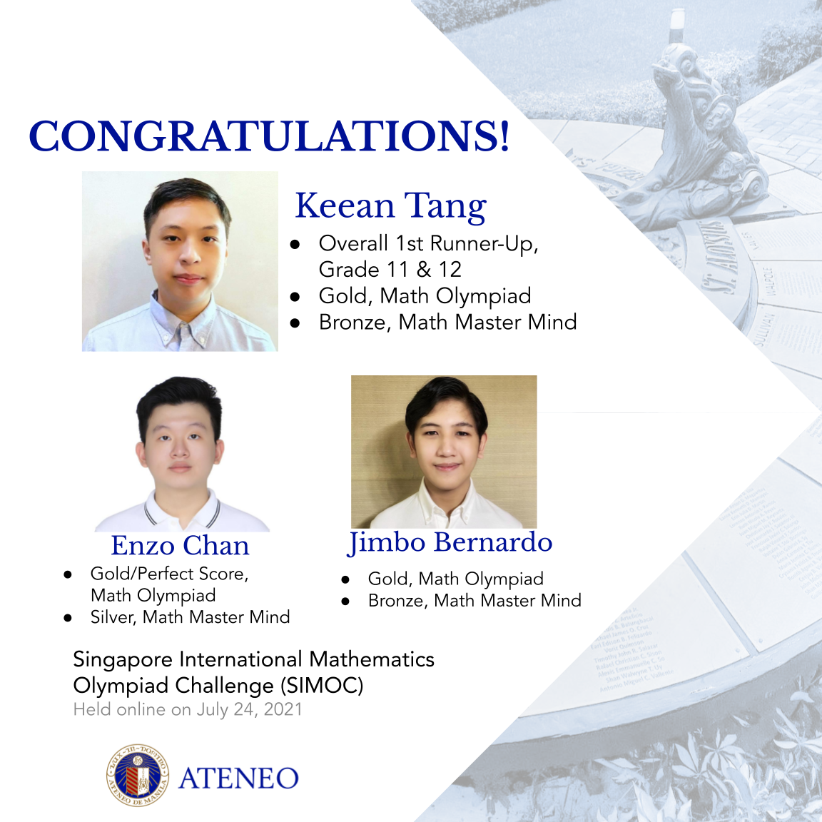 SIMOC awardees Keean Tang, Enzo Chan, Jimbo Bernardo