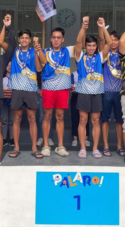 (L-R) Renzo Tirol; Arbeen Thruelen; Ivo Enot, representing Cezar Nazareno; and Jared Cheng. Tirol, Thruelen, Nazareno and Cheng set a new Palaro record in the secondary boys' 200m freestyle relay on August 2, 2023.