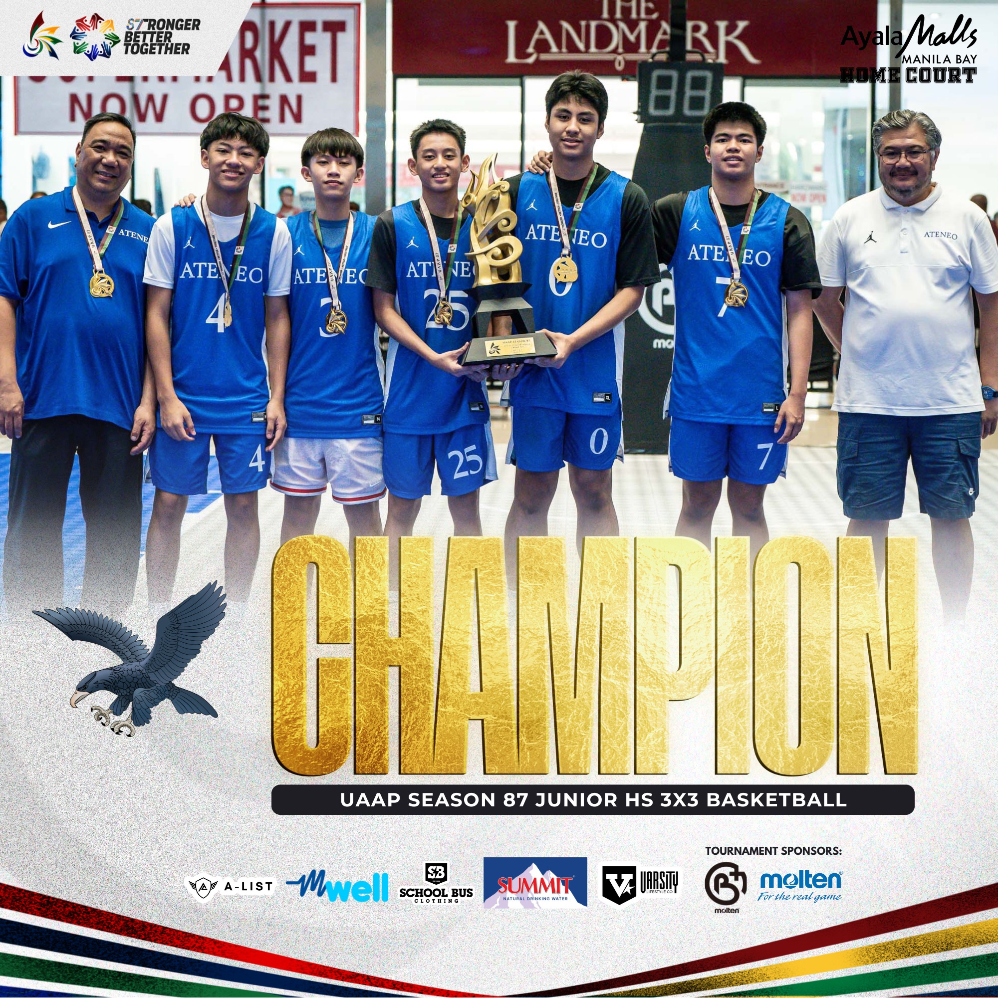 (L-R) Head Coach Reggie Aromin, Q Molina, JD Juangco, Sky Jazul, YJ Lacsamana, Zane Kallos, UAO Director Em Fernandez