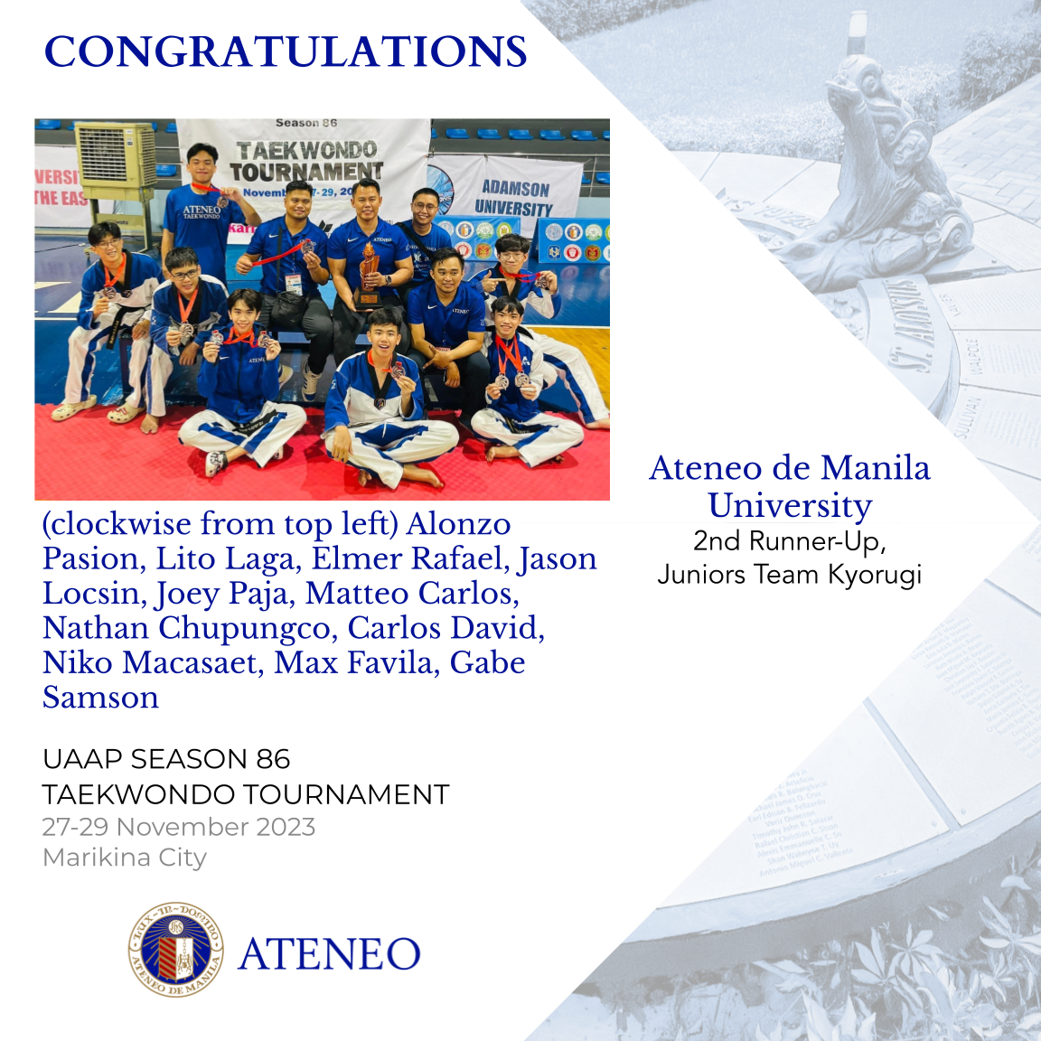 The UAAP 86 bronze trophy winners for boys' team kyorugi
