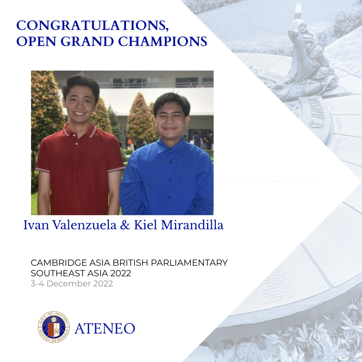 Ivan Valenzuela and Kiel Mirandilla are UK-bound for Cambridge Schools Finals Day in 2023  