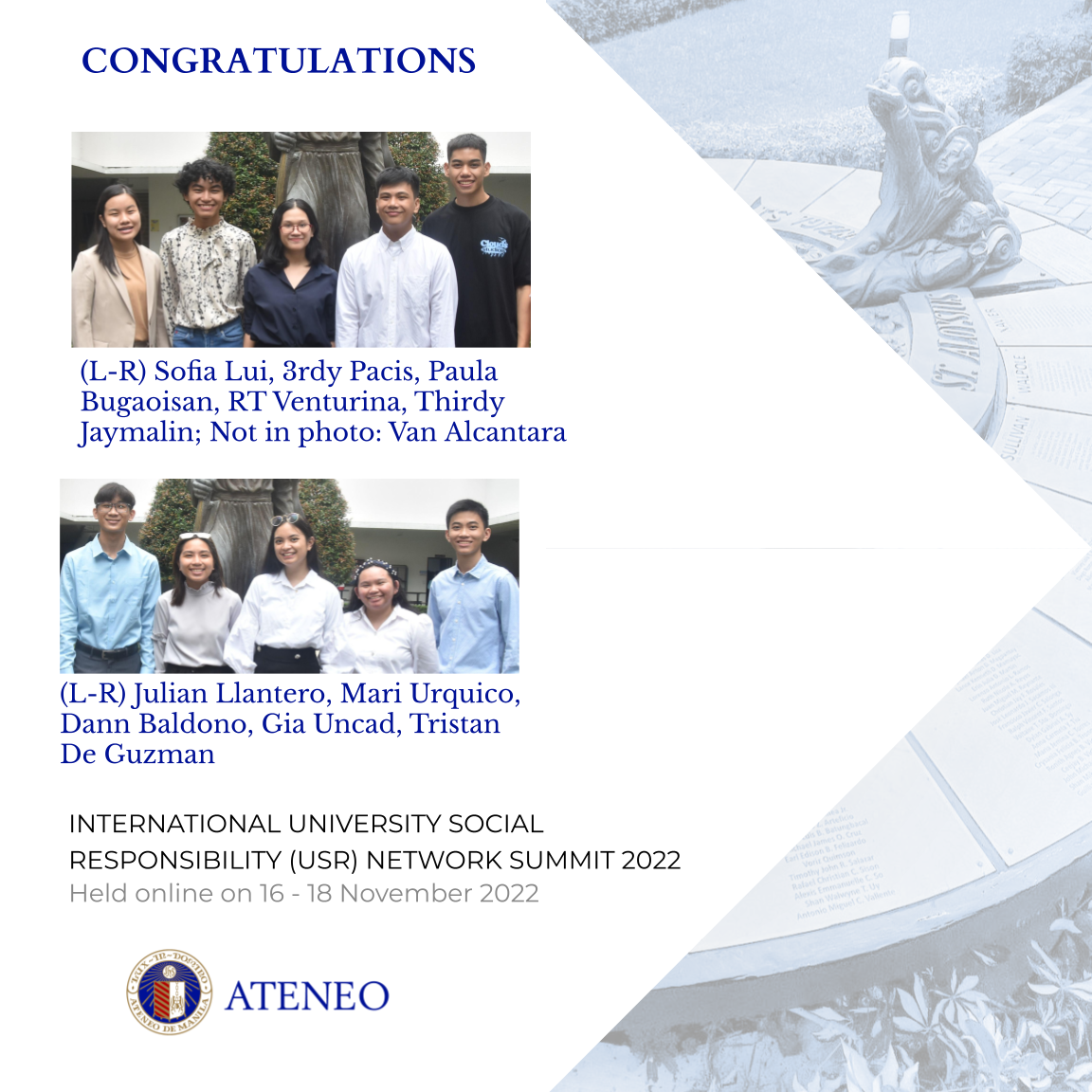 Two (2) research studies by ASHS students were successfully presented at the International University Social Responsibility (USR) Network Summit 2022.