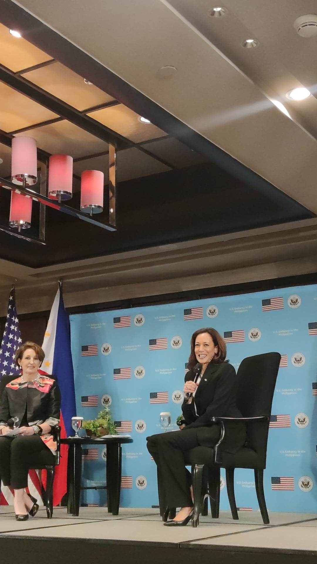 United States Vice President Kamala Harris (R) and United States Ambassador to the Philippines MaryKay Carlson photographed by Barbacena from her front row seat