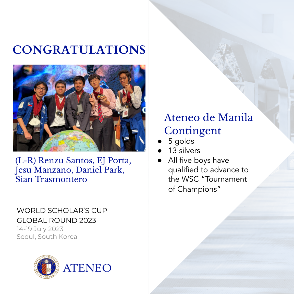 All five Ateneans in the World Scholar's Cup Global Round 2023 qualified for the Yale University Tournament of Champions.