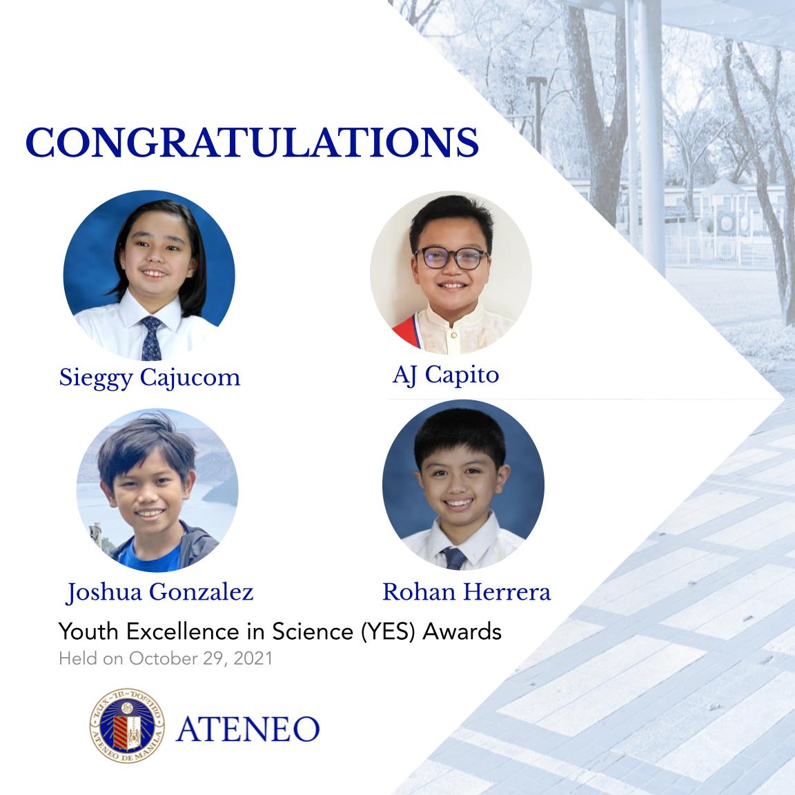 YES awardees Sieggy Cajucom, AJ Capito, Joshua Gonzalez, and Rohan Herrera