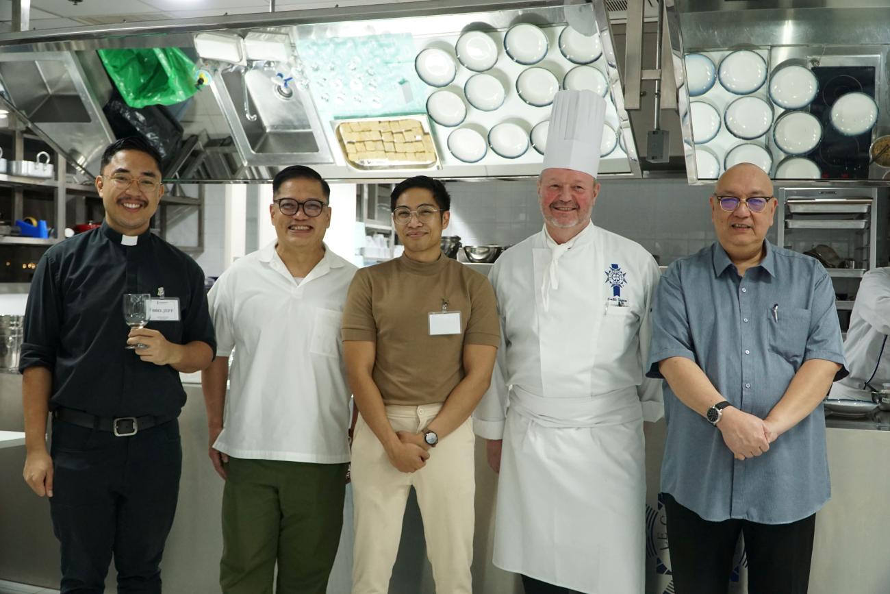  Bro. Jeff Miraflor, SJ, Rector of the Church of the Gesu Fr. RB Hizon, SJ, Sommelier Odie Pineda, Technical Director of the Le Cordon Bleu Ateneo Chef Cyrille Seonen, and Director of the Office of University Development & Alumni Affairs Fr. Kit Bautista