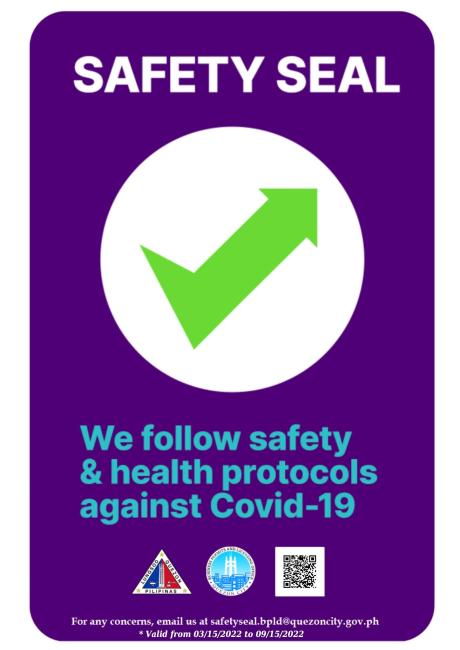 The Safety Seal issued by the QC LGU to ASHS 