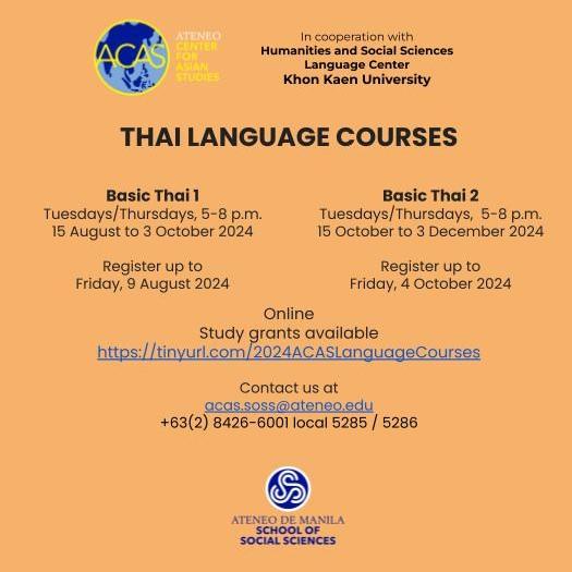 Thai Language Course Information Basic Thai 1 Tuesdays and Thursdays, 5:00 - 8:00 pm 15 August to 3 October 2024  Registration deadline: Friday, 9 August 2024   Basic Thai 2 Tuesdays and Thursdays, 5:00 - 8:00 pm 15 October to 3 December 2024  Registration deadline: Friday, 4 October 2024  